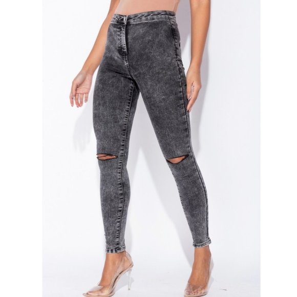 Gray Acid Wash High Waist Ripped Distressed Skinny Denim Jeggings Pants - Picture 9 of 10
